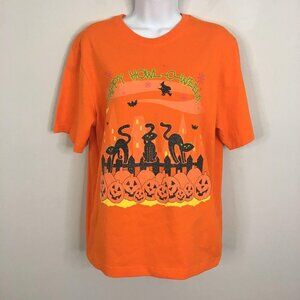 Halloween Top Womens L Orange Black Glitter Black Cat Graphic Fall Pumpkin Shirt